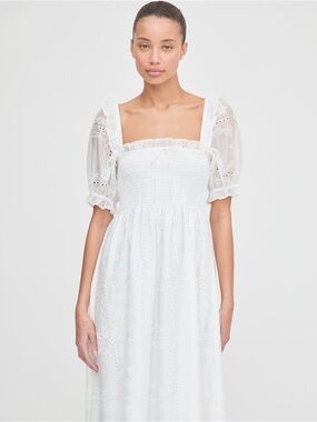 Caroline Constas White Eyelet Smocked Maxi Dress with Puff Sleeves
